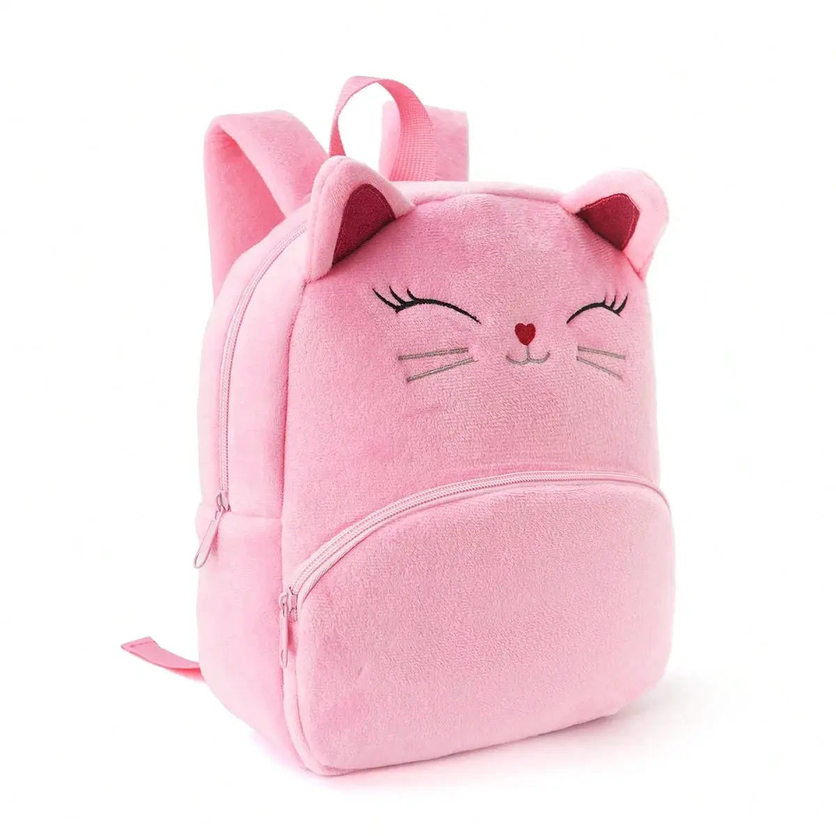 Pink plush cat backpack for kids by Simples Market; animal-themed backpack with zipper pockets