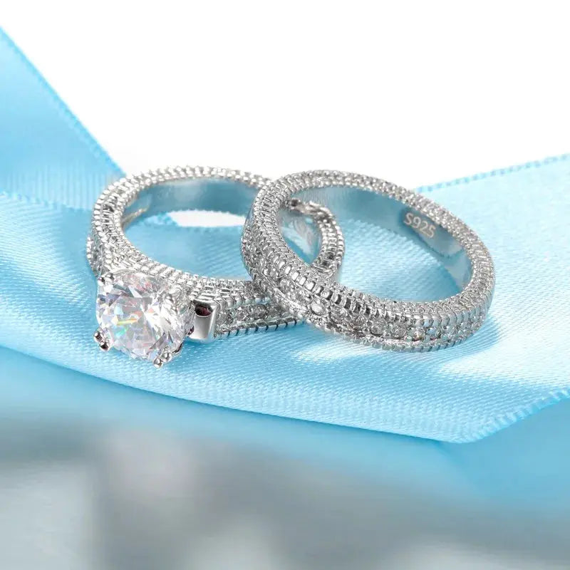 925 Sterling Silver Couples Ring Set for Engagement and Wedding with Cubic Zirconia Stones