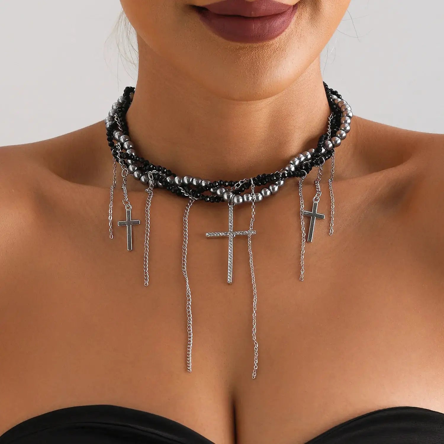 Y2K heart beaded necklace for women, black bead choker with silver cross pendants and dangling chains