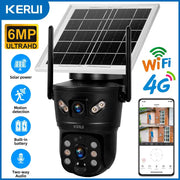 KERUI outdoor solar security camera, 6MP dual-lens with built-in battery, solar panel, WiFi/4G, motion detection.