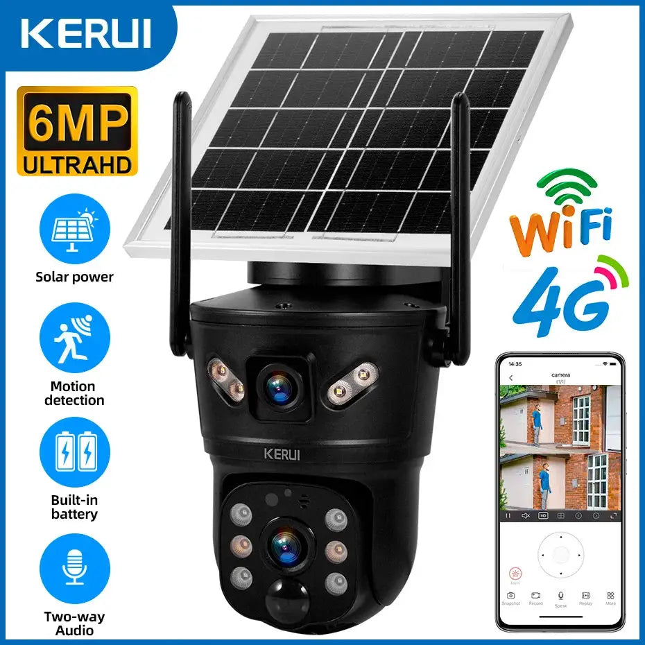 KERUI outdoor solar security camera, 6MP dual-lens with built-in battery, solar panel, WiFi/4G, motion detection.