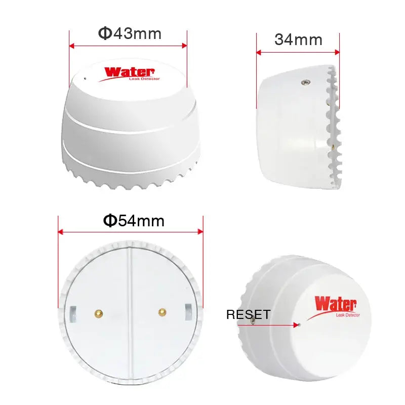 White round Tuya WiFi water leak detector; compact sensor with reset button, shown from multiple angles