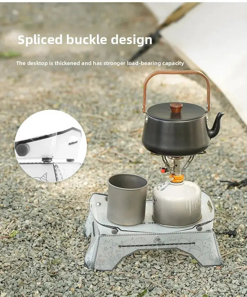 TINSOL Ultralight folding camping table; gray PP, 97 g, portable with kettle and cup on a stove
