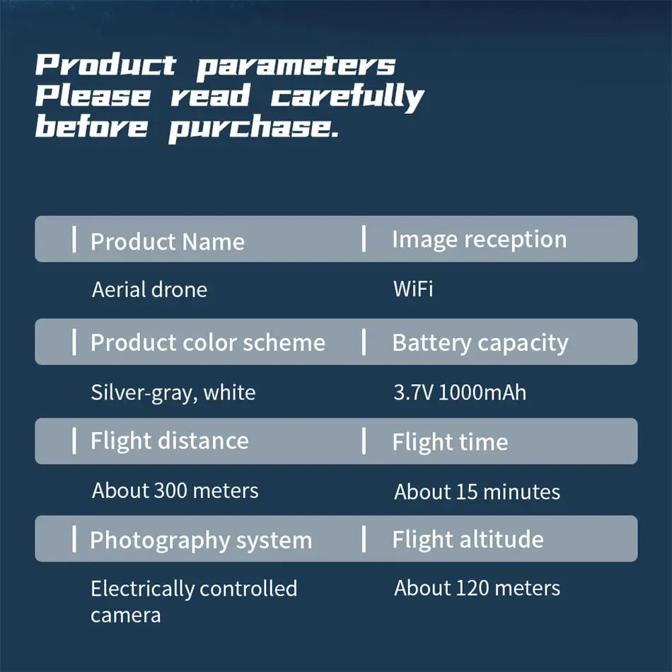 Aerial drone specifications sheet with WiFi, silver-gray/white color, 3.7V 1000mAh battery, 300m range, 15min flight.