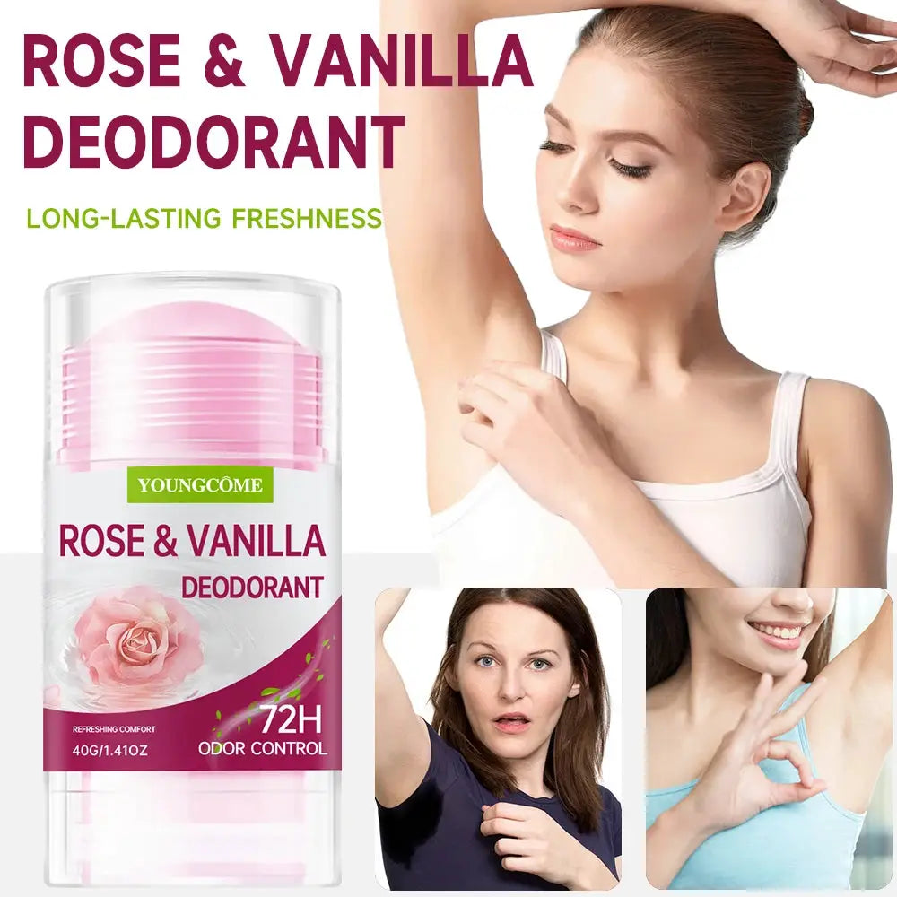 Rose & Vanilla deodorant stick by Youngcome; pink-lid container with 72H odor control