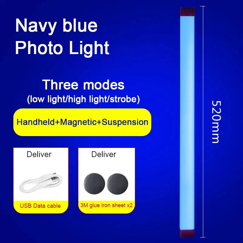Navy blue RGB LED photo light, 520mm tall with three modes; includes USB data cable and two 3M glue iron sheets