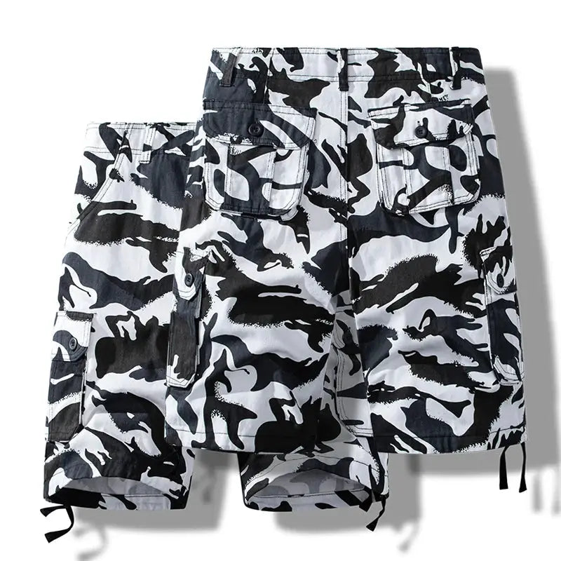 Men's cotton white-gray camouflage cargo shorts by Simples Market with multiple pockets