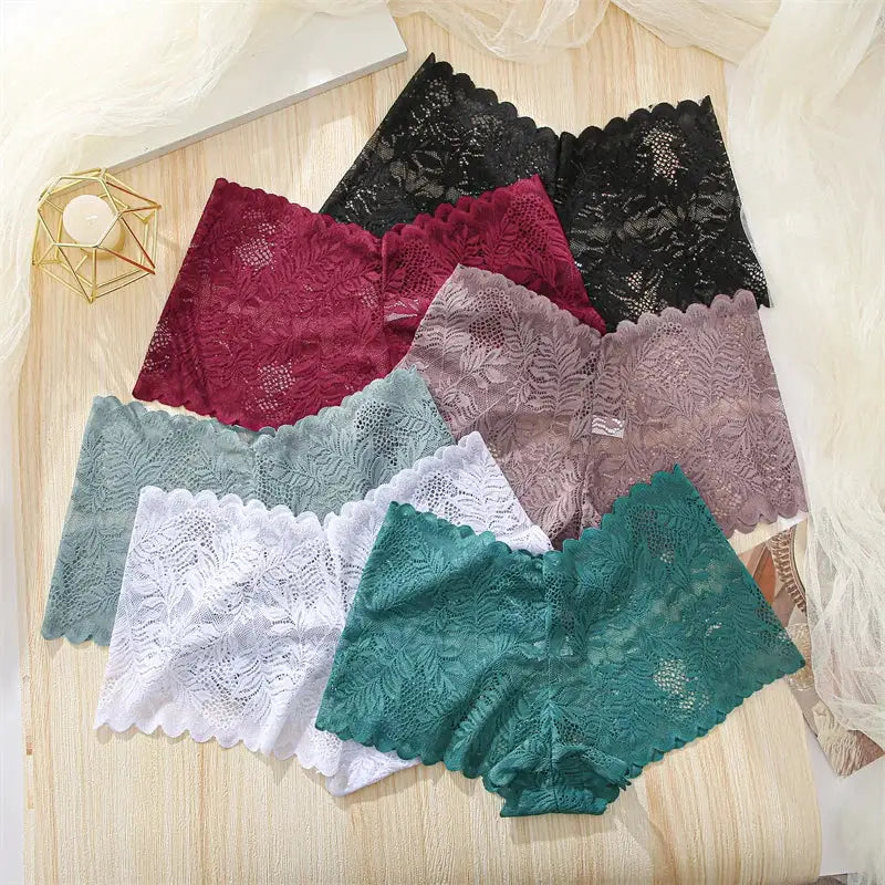 Lace floral boyshorts underwear set, 4pcs, assorted colors, low-waist