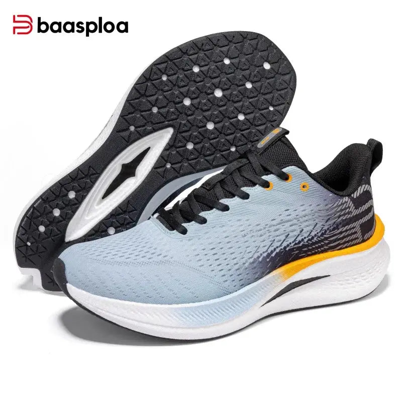 Baasploa men's jogging shoes with gray-blue mesh upper, orange heel detail, and non-slip outsole.