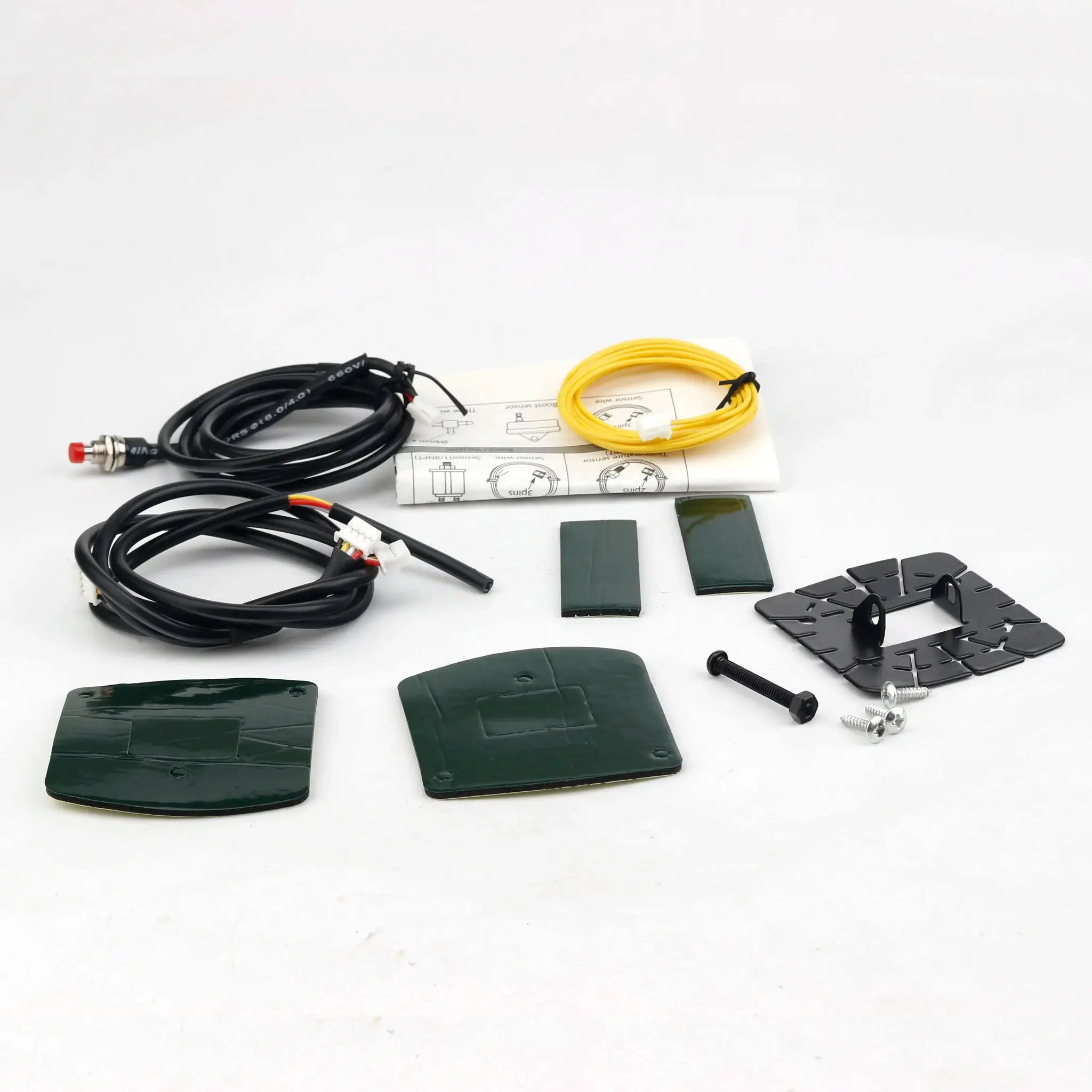 52mm car gauge kit with black wiring harnesses and a yellow lead