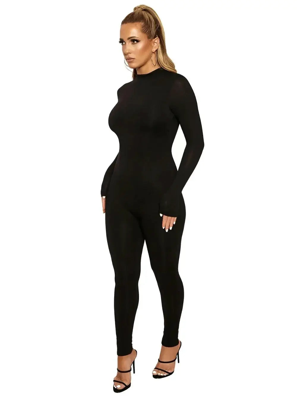 Black long-sleeve women's jumpsuit, fitted full-length with high neck and sleek silhouette