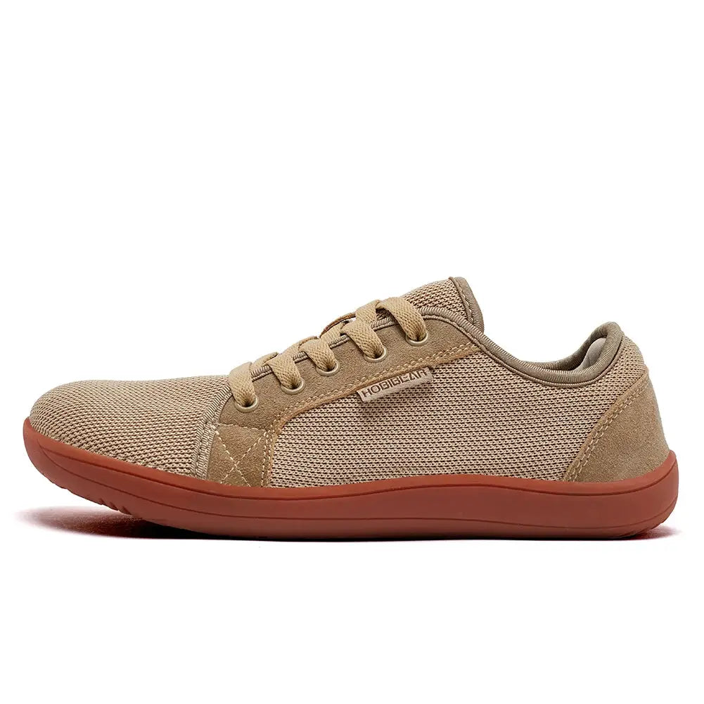 HOBIBEAR wide barefoot shoe; beige mesh upper, rust-red sole, unisex outdoor minimalist sneaker