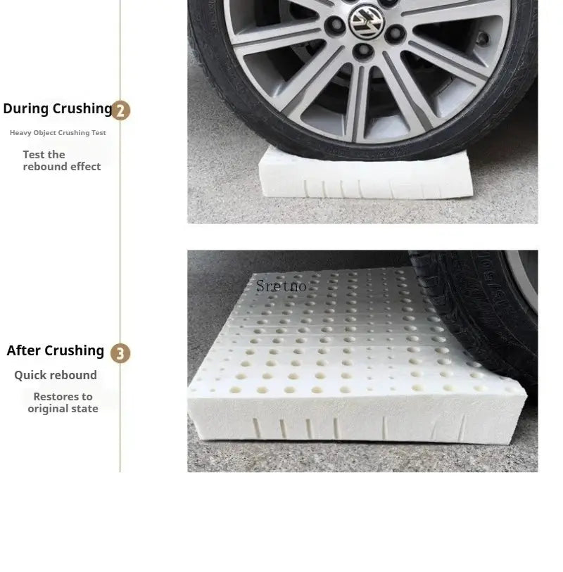 SRETNO natural latex cushion; white perforated foam block under car tire during crushing test