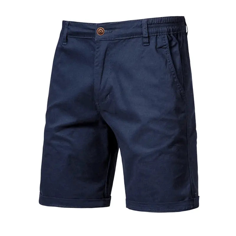 Men's navy 100% cotton shorts with elastic waist, button and belt loops for casual and beach wear daily