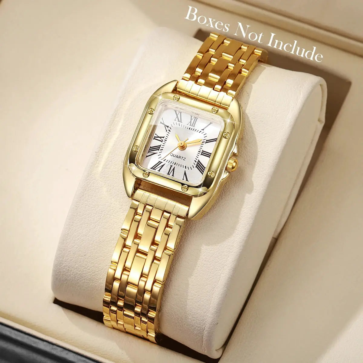 Gold-tone square women's quartz watch with Roman numeral dial and linked bracelet