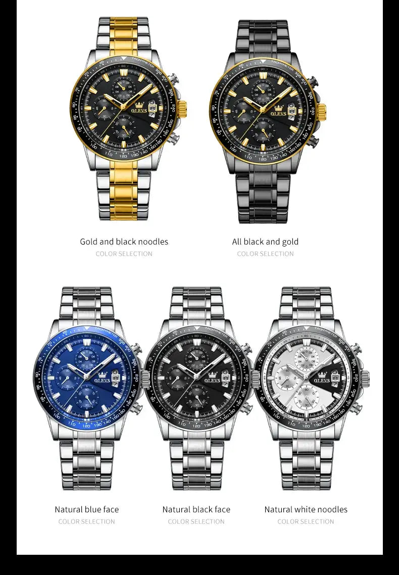 OLEVS TY705 men's watches collection: five variants: two-tone gold/silver, black/gold, blue, black, white dials