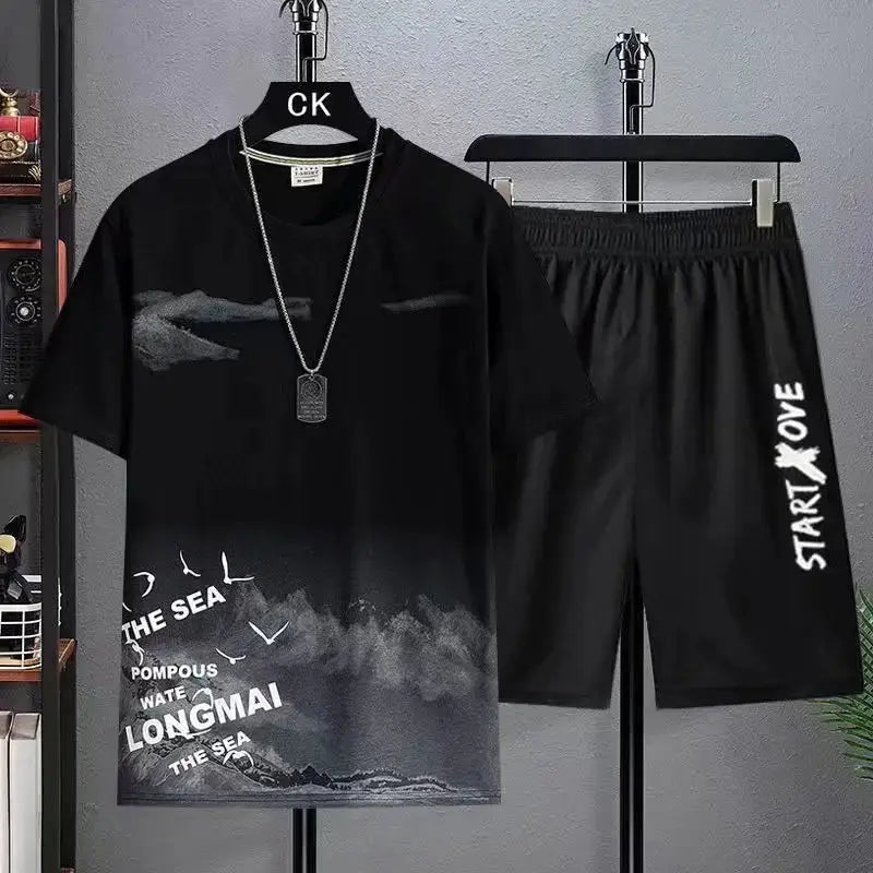 2025 Summer Thin Casual Quick Drying Two Piece Set  Men's set sports outdoor running Short Sleeve T shirt +Shorts Tracksuit Sets