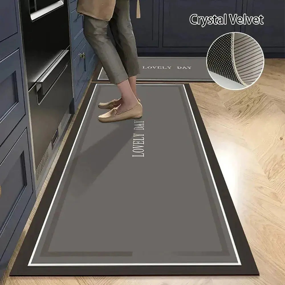 Simples Market non-slip kitchen mat runner in crystal velvet gray with white border, long absorbent doormat
