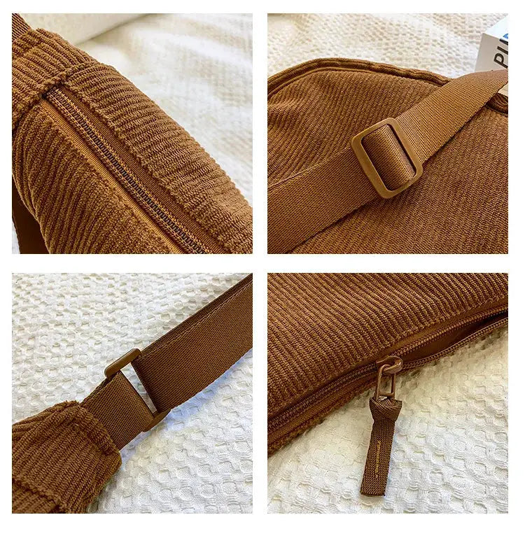 Corduroy women's hobo crossbody bag in brown with an adjustable strap and zipper pull.
