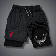 Men's 2-in-1 black running shorts with quick-dry outer and inner liner; red geometric logo left, dripping smile right
