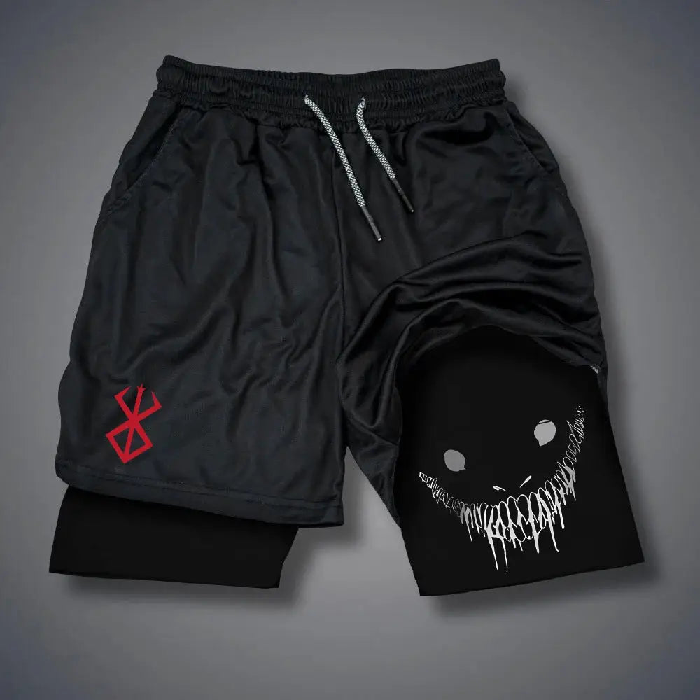 Men's 2-in-1 black running shorts with quick-dry outer and inner liner; red geometric logo left, dripping smile right