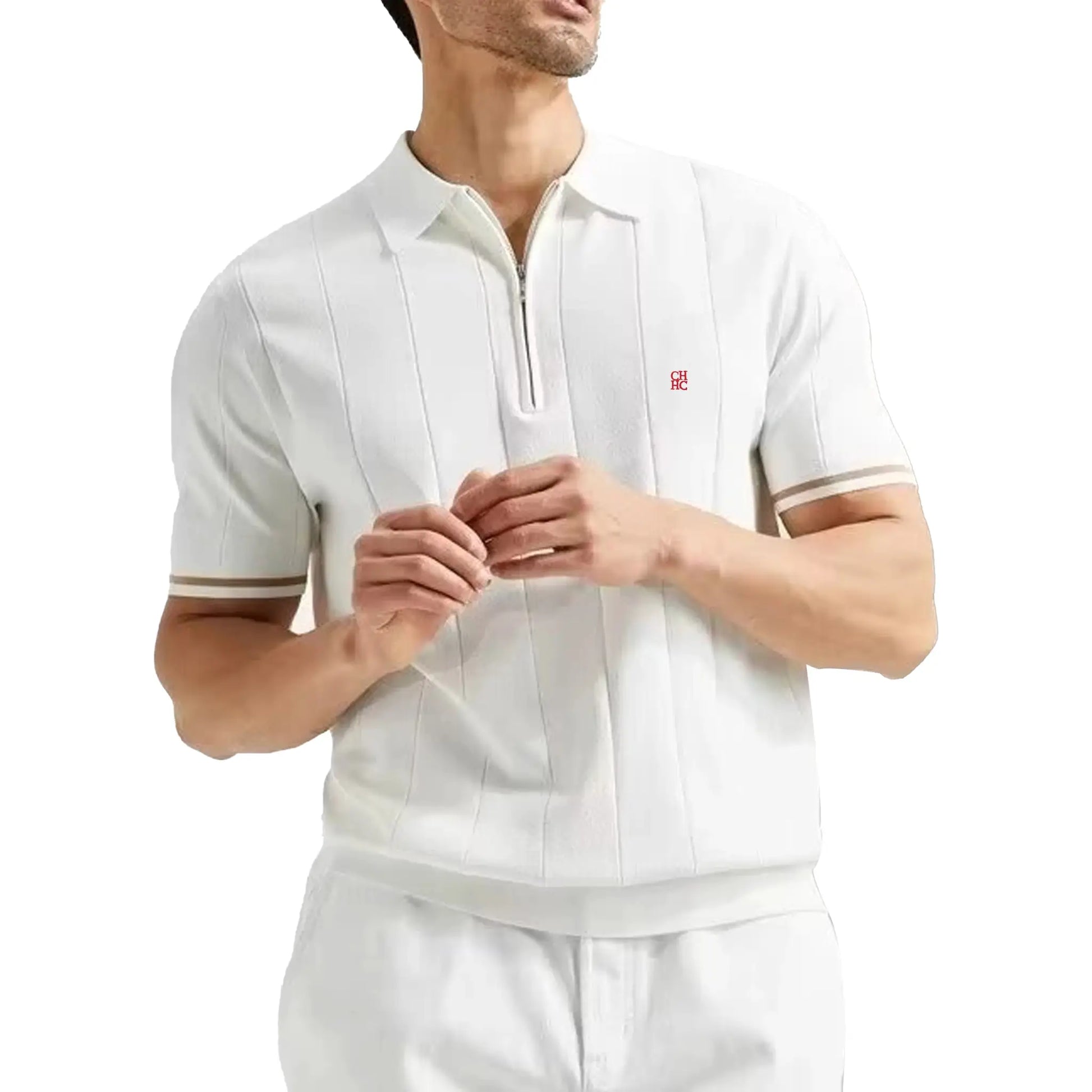 CH men's vertical striped knit polo shirt, white with subtle stripes, half-zip, short sleeves, red CH embroidery logo.