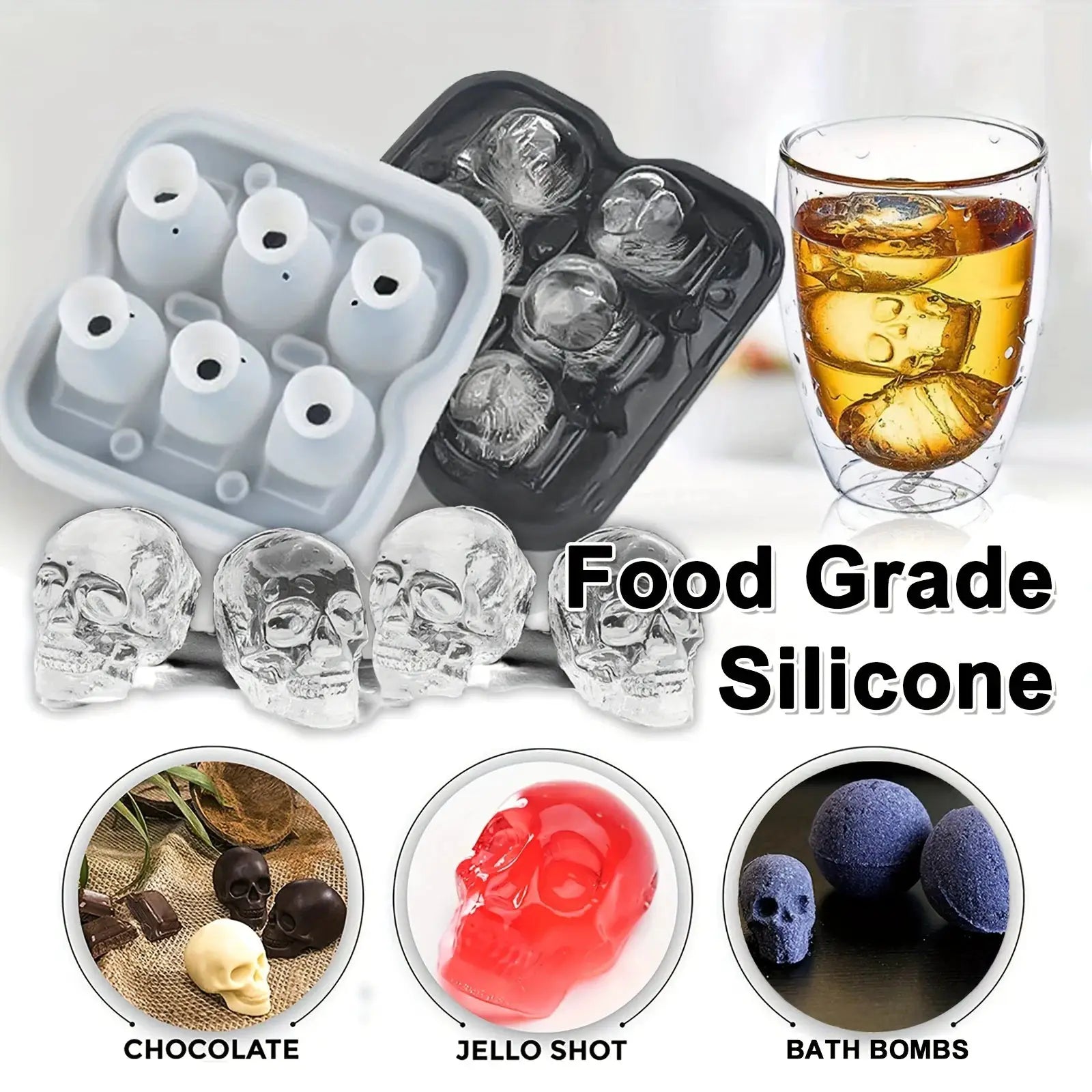 Skull Ice Ball Mold Silicone 3D Flexible Ice Cube Tray BPA Free For Freezer Horror Skull Head Cocktail Ice Ball Maker
