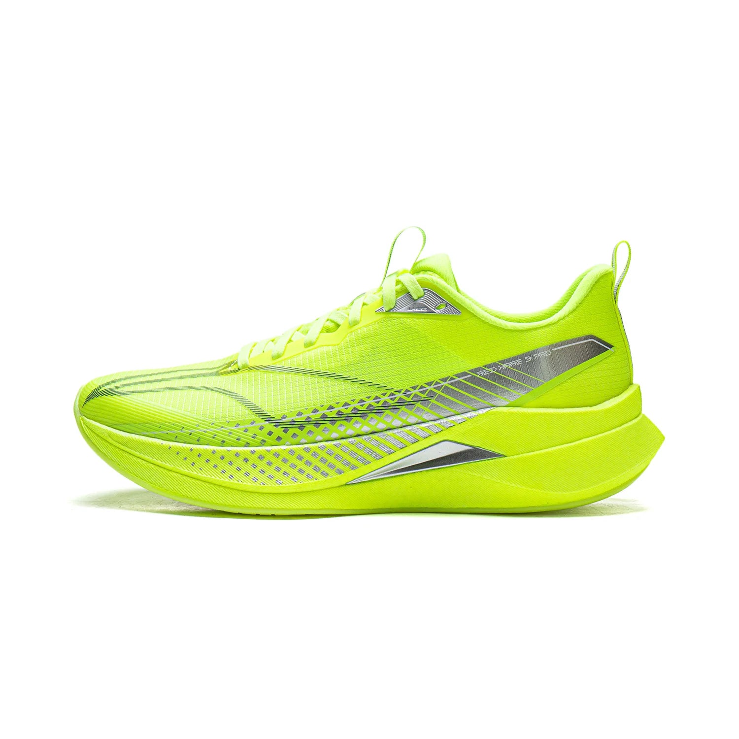 Li-Ning RED HARE 9 PRO racing running shoe in neon yellow with reflective silver accents and breathable mesh