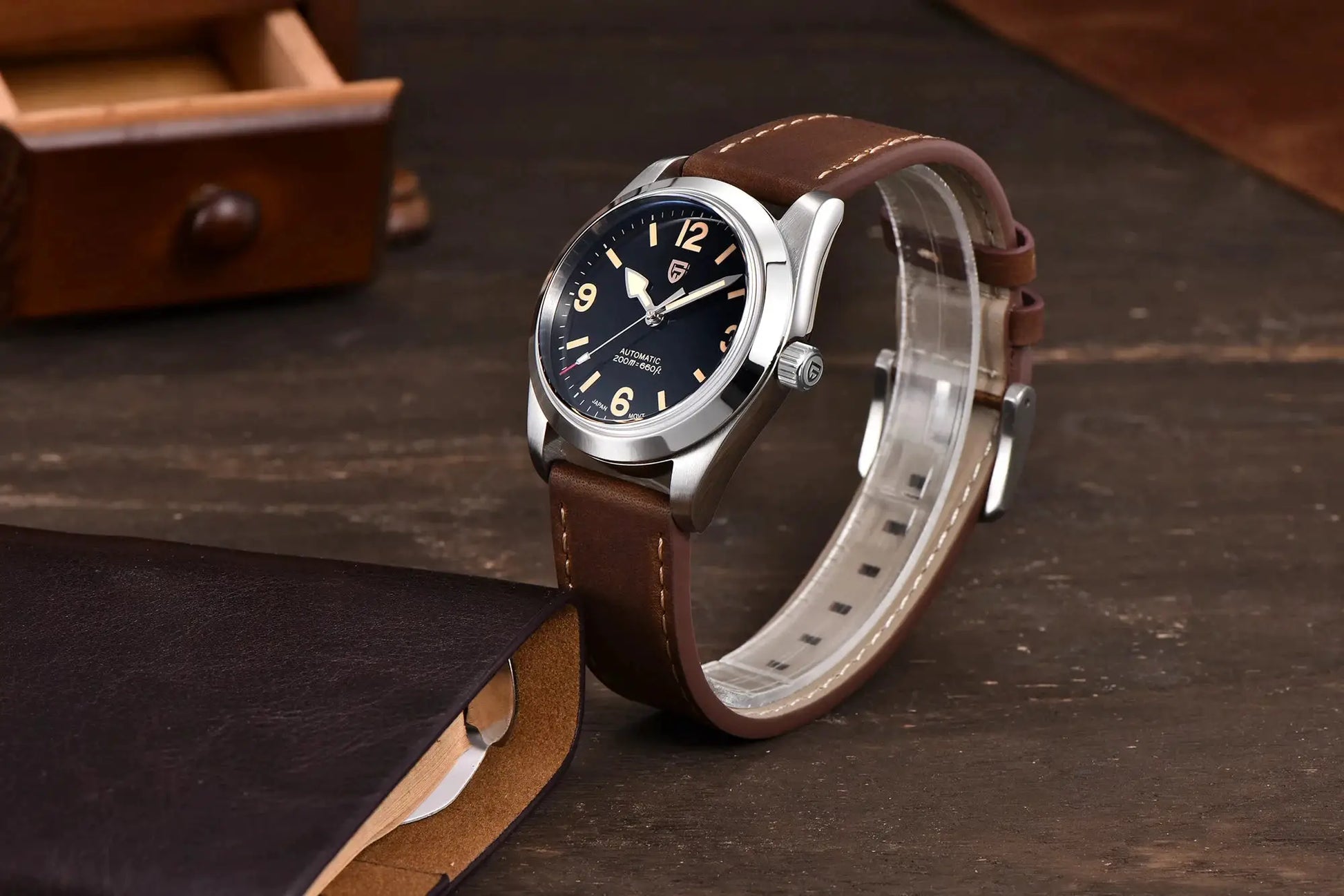 Pagani Design 36mm automatic wristwatch with brown leather strap, stainless steel case and sapphire AR-coated crystal