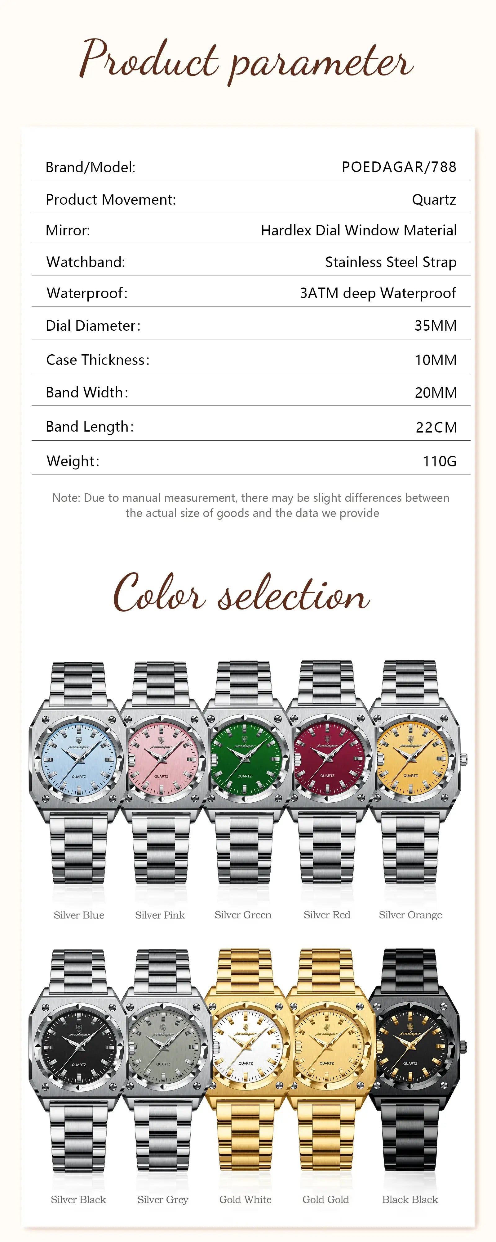 POEDAGAR ladies quartz wristwatch with stainless steel strap, 3ATM waterproof, luminous dial; color options shown