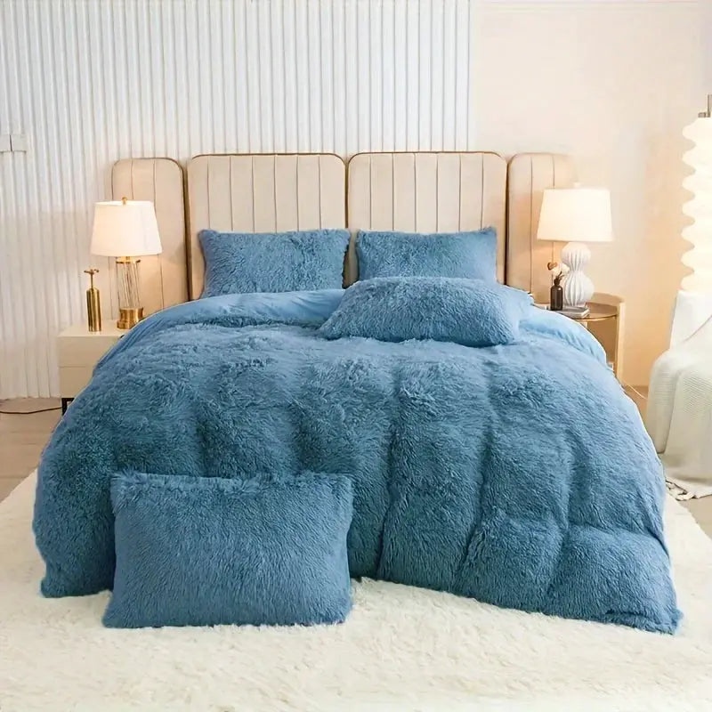 3-Piece Blue Plush Duvet Cover Set with fluffy texture for cozy bedroom bedding