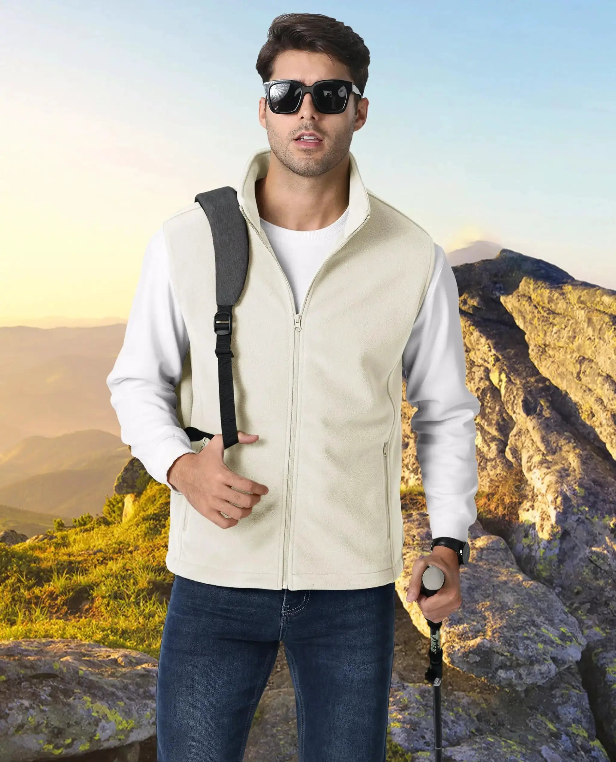 TACVASEN men's fleece vest, cream sleeveless jacket with stand collar for outdoor hiking