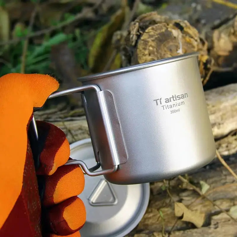 Tiartisan titanium camping mug with folding handle, 350ml, silver outdoor cup by Simples Market
