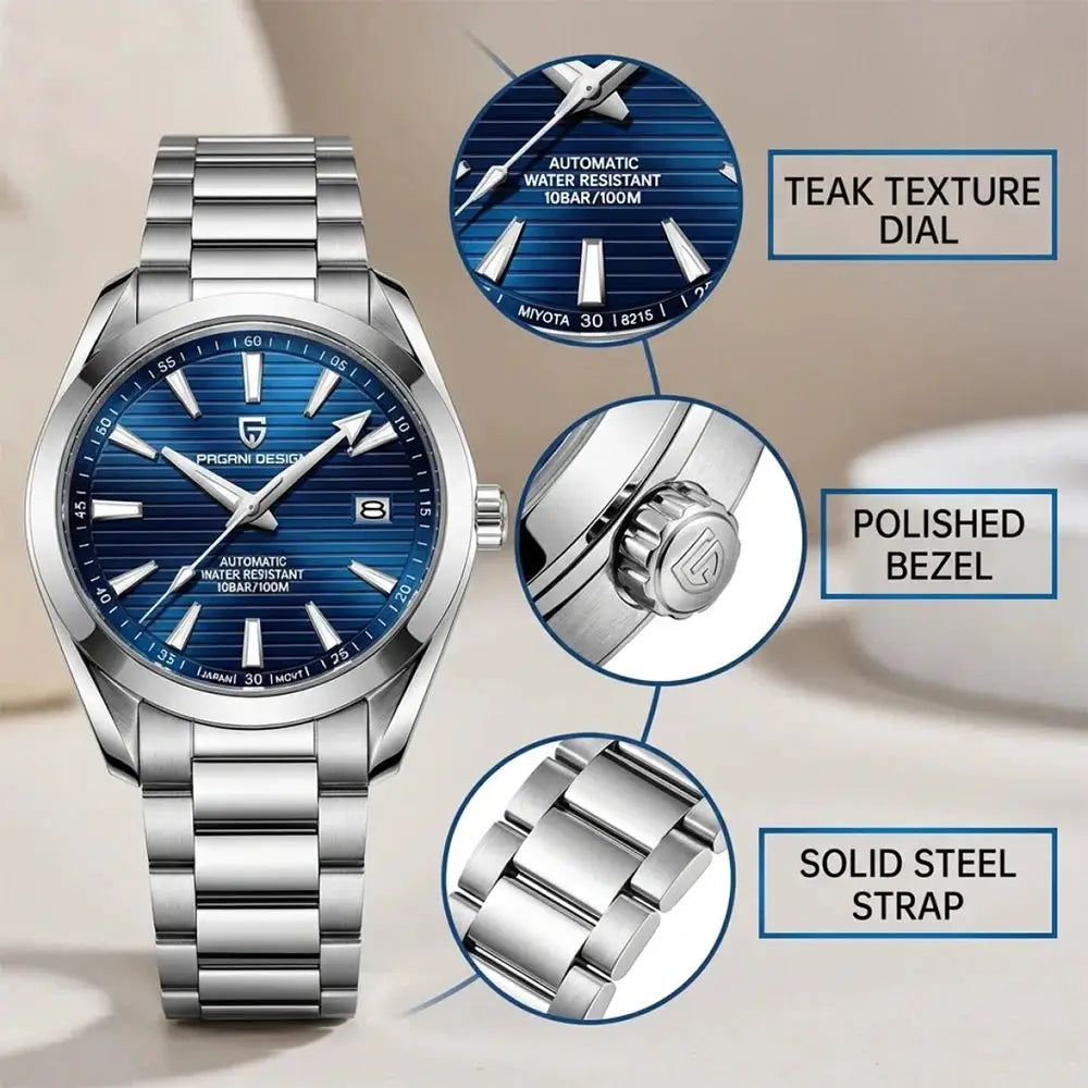 PAGANI DESIGN A150 40mm men's automatic watch with blue teak-textured dial and stainless steel bracelet