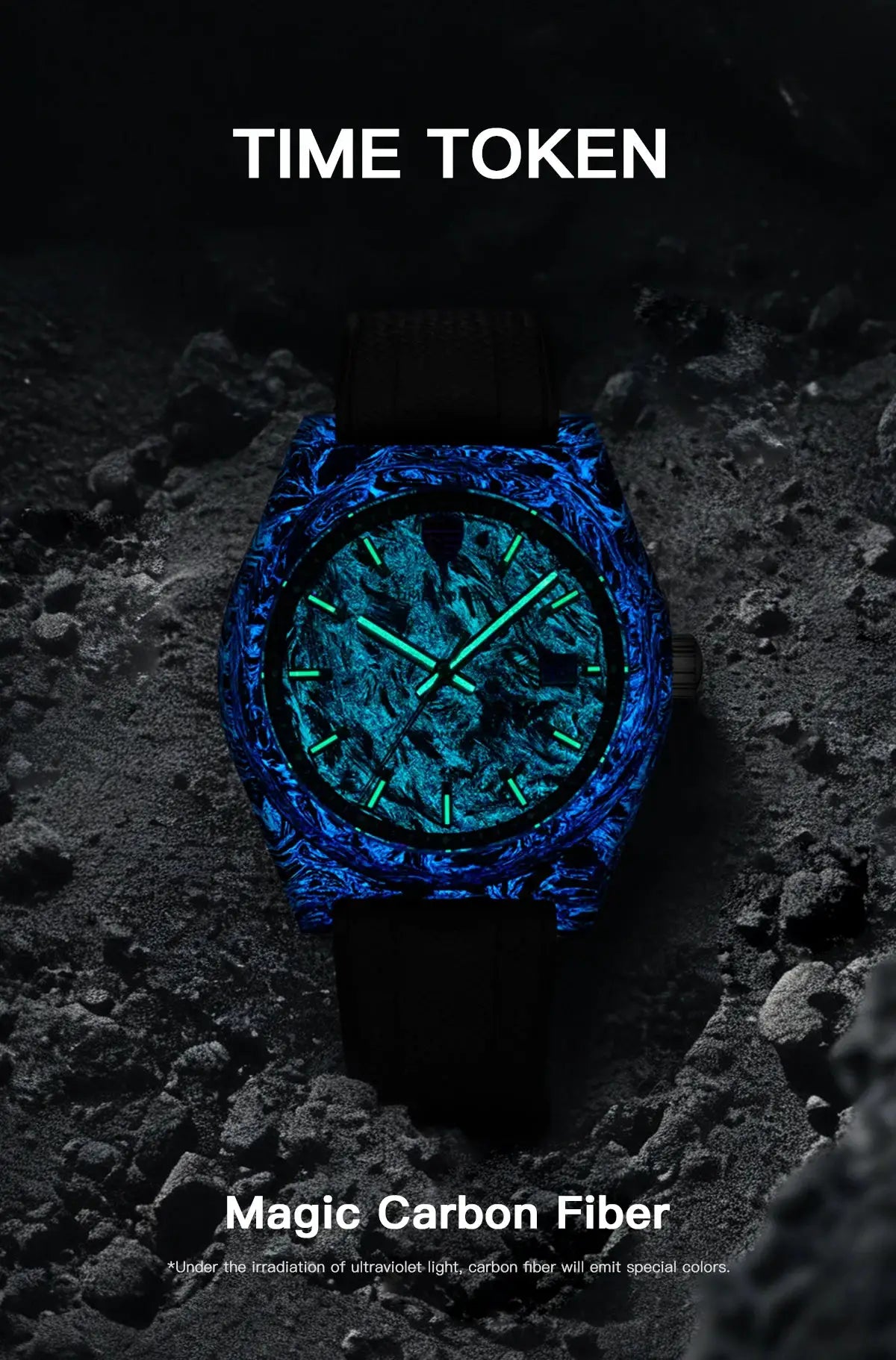 Carbon fibre luminous 40mm automatic diver watch with blue patterned case, green luminous markers, black strap