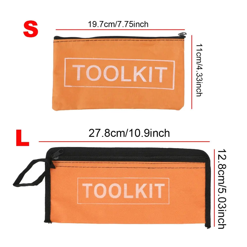 Orange toolkit pouch set in canvas Oxford with zip closures; two bags, small and large.