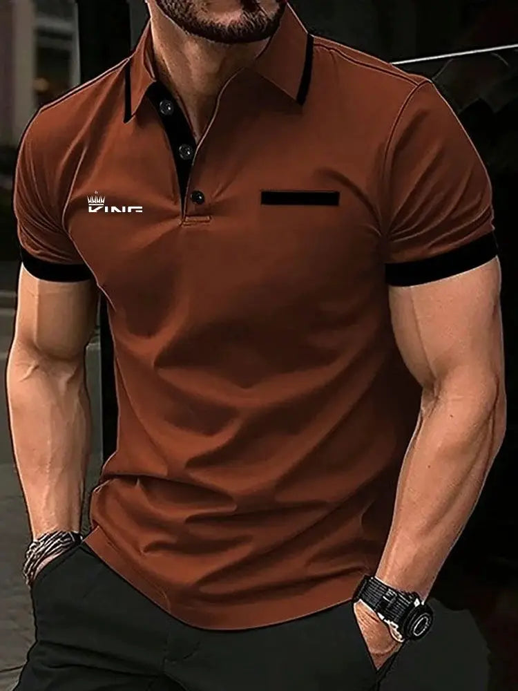 Mens Polo Shirt For Summer Golf Casual Short Sleeve Color Block Patchwork Lapel Regular Fit