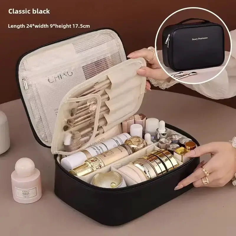 LuxeLine Double Layer Luxury Cosmetic Bag Large Capacity Travel Organizer For Women