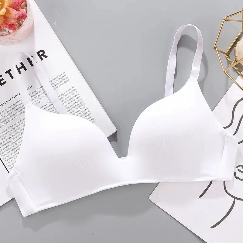 White seamless wireless bra for women; breathable, lightweight underwear.