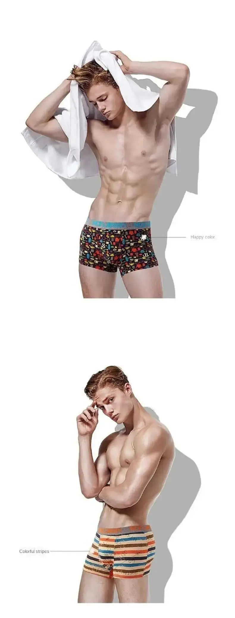 4-piece men's boxer shorts set in cotton with colorful prints; two patterns shown