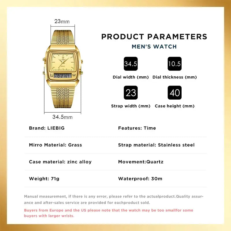 LIEBIG gold men's wristwatch with stainless steel strap, quartz movement, 30m waterproof