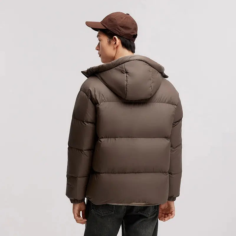 Men's Semir down jacket by Simples Market, brown hooded puffer outerwear.