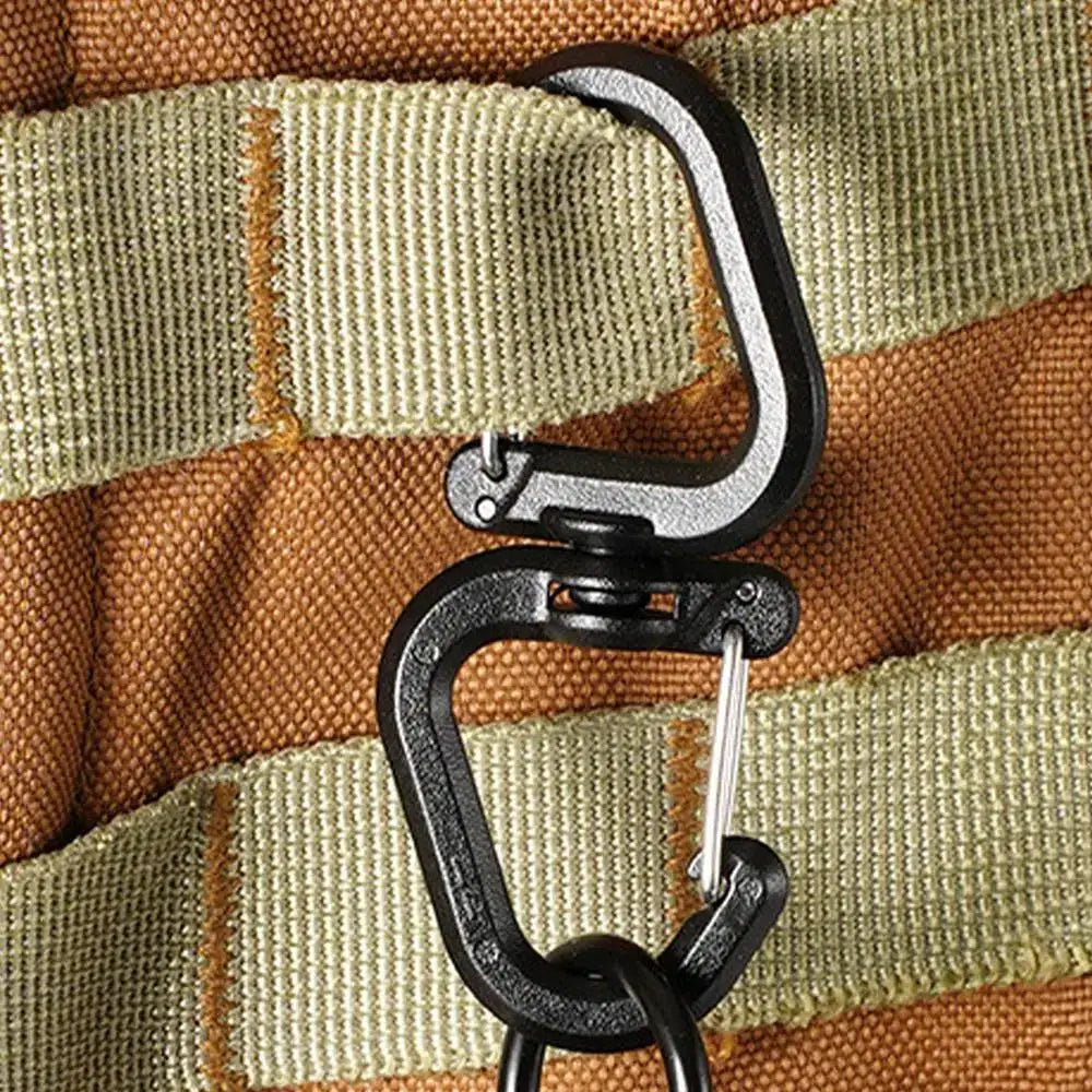 Double clip carabiner with 360-degree swivel, black metal on olive webbing.