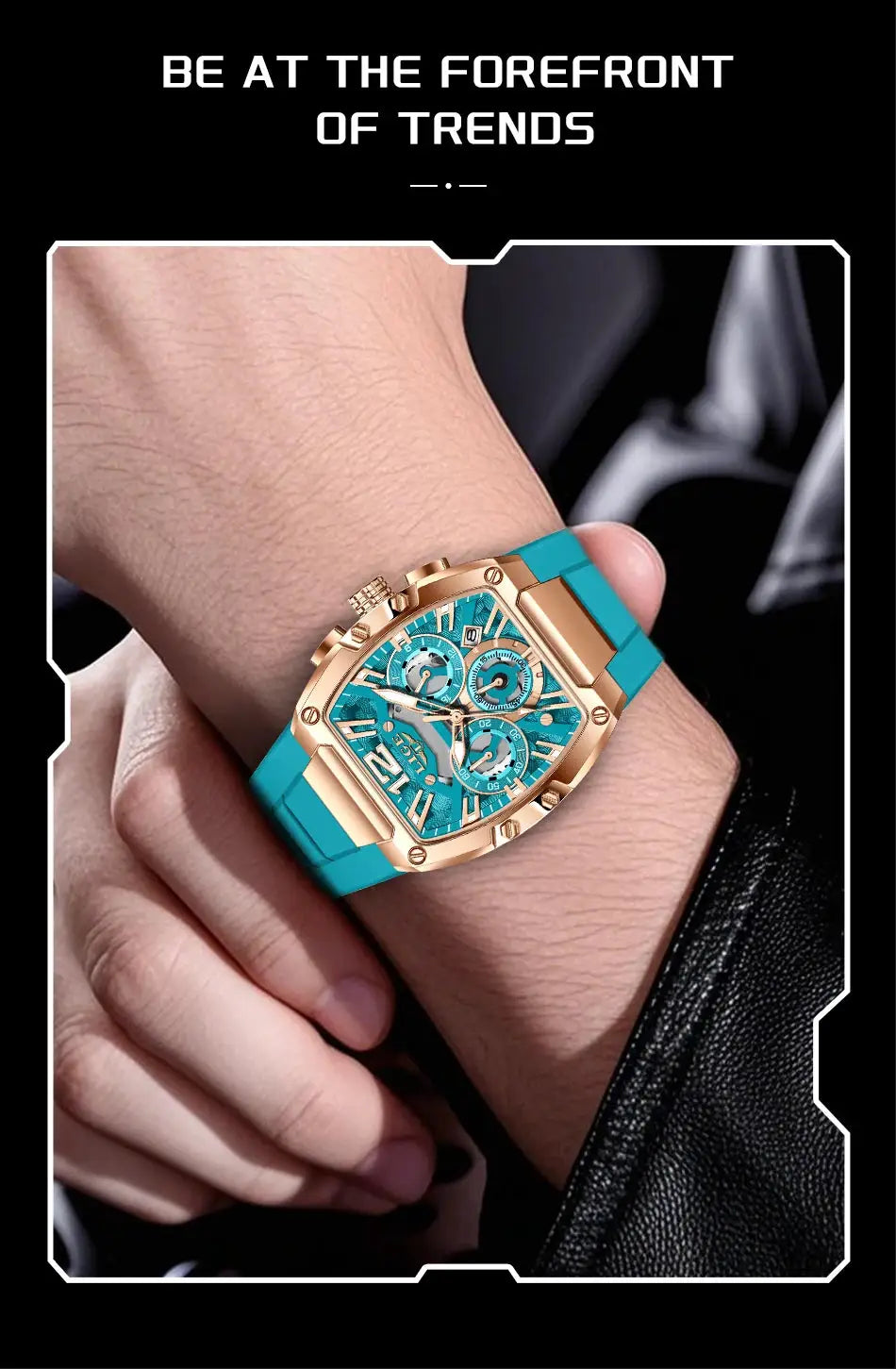 LIGE men's chronograph calendar wristwatch with turquoise dial, rose-gold case, silicone strap