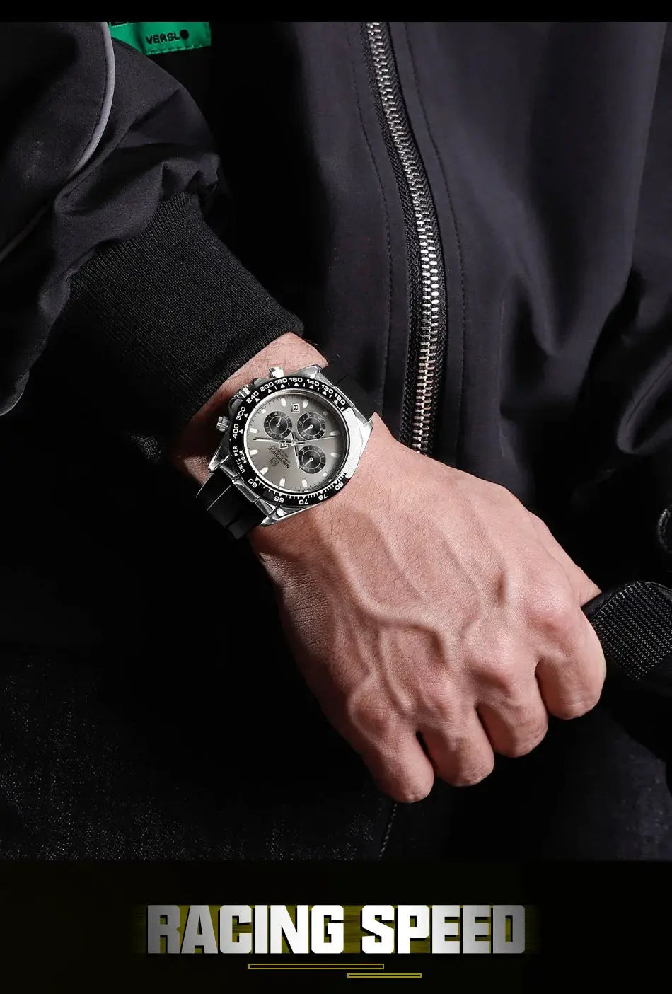 Naviforce men's chronograph watch with black silicone strap and silver dial.