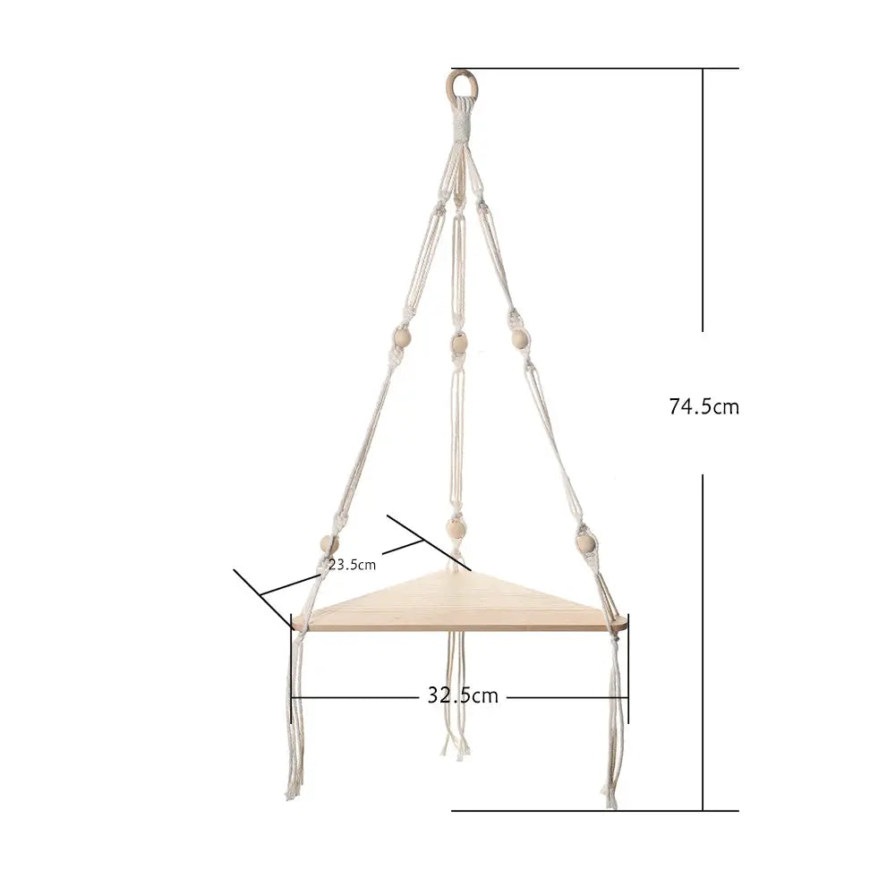 Hanging natural wood triangle shelf with macrame rope hanger; Simples Market boho wall decor