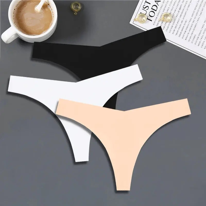 FINETOO 3-pack ice silk seamless thong panties, V-waist low-rise, black white nude