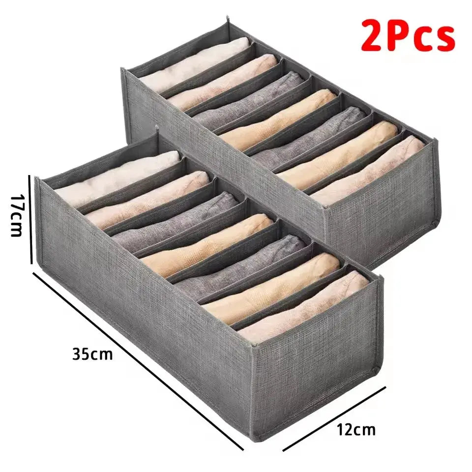Two-piece gray fabric clothes organizer with multiple compartments for underwear and socks; wardrobe storage boxes.