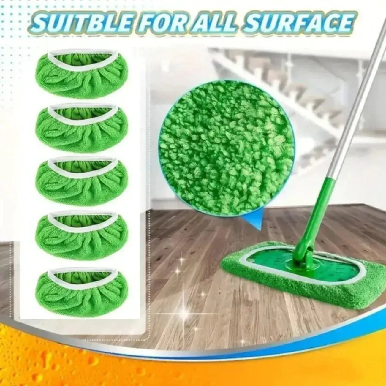 Eco-Friendly Mop Cover Set 6-Pack: green microfiber flat mop pads for dusting and mopping