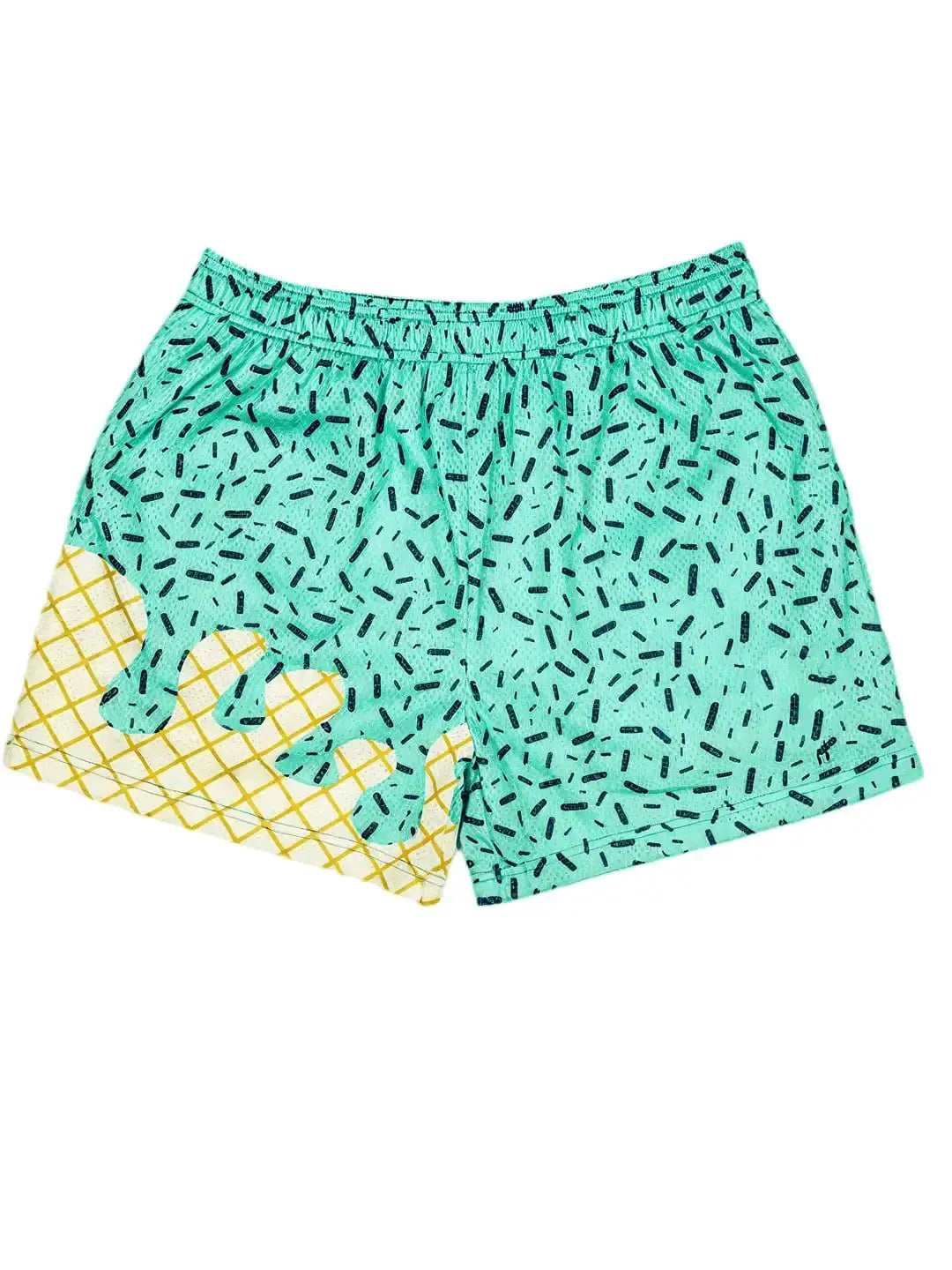 Ice Cream Print Baseball 101 Shorts, turquoise with black sprinkle pattern and ice cream cone graphics, loose fit